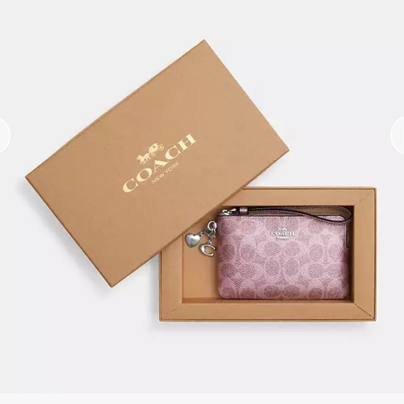 Coach Boxed Corner Zip Wristlet In Signature Canvas With Charms Silver Pink Rose - Picture 15 of 16